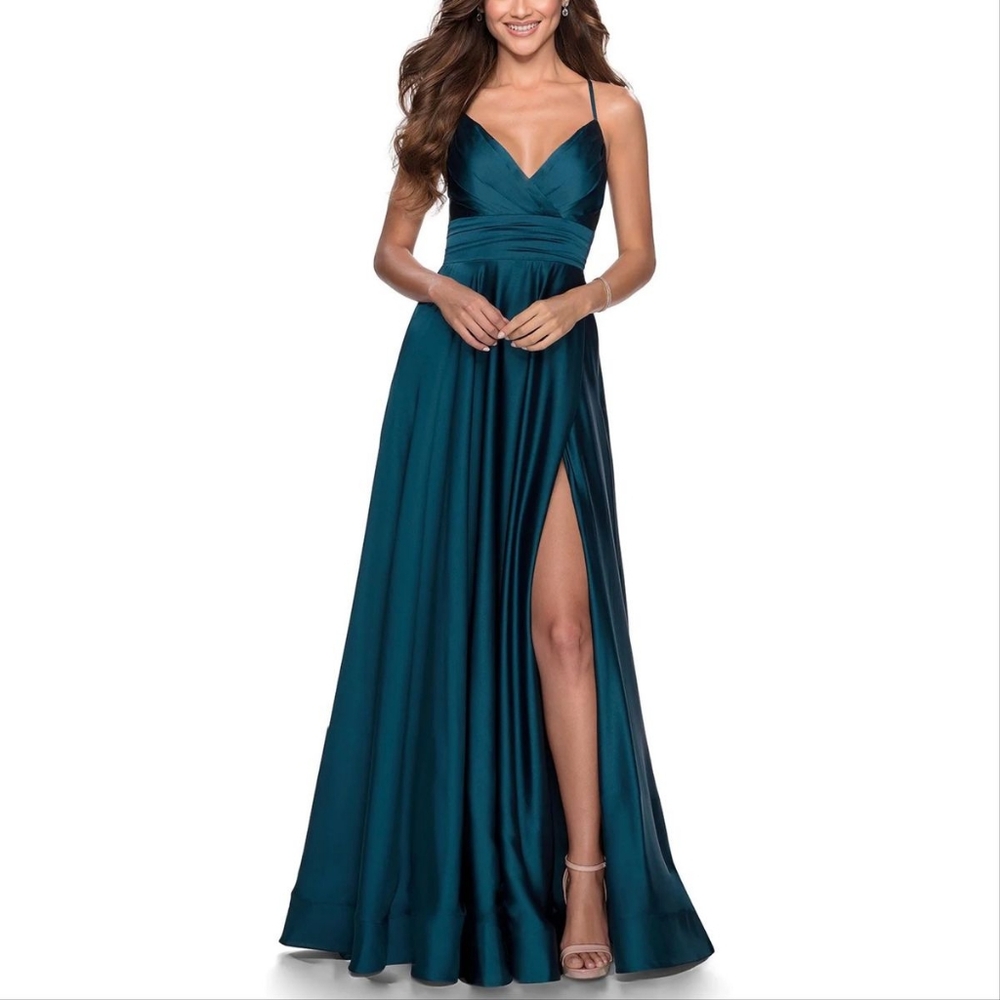 Blue Size 8 Side Slit Formal Prom Dress by La Femme 28571